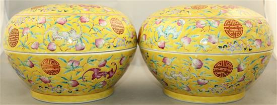 A pair of Chinese famille rose yellow ground boxes and covers, second half 19th century, 24.5cm diam.